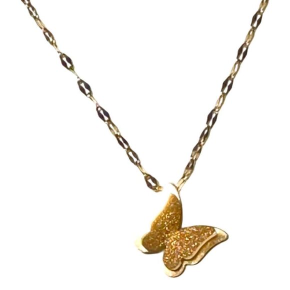 18K SOLID GOLD 3-D Butterfly Glitter Effect Necklace With Handmade Ornate Chain - Picture 1 of 8